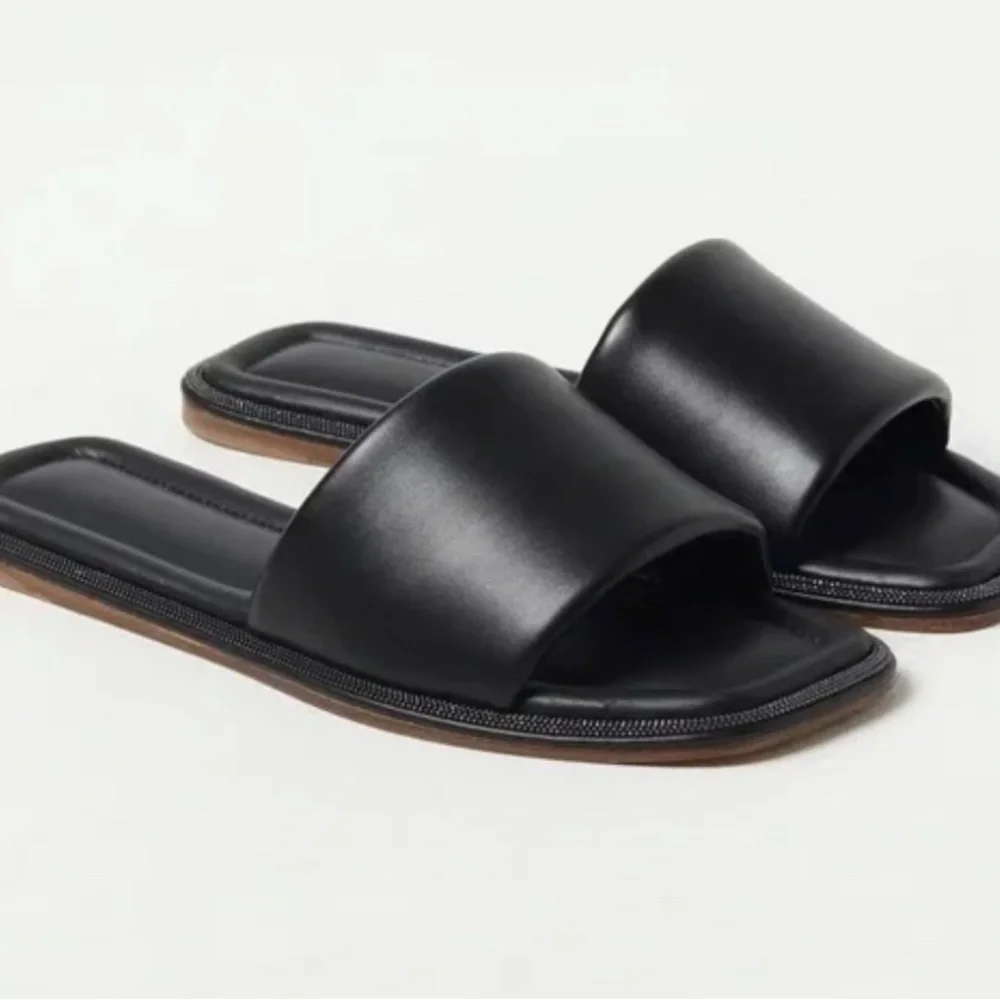 NEW BRUNELLO CUCINELLI SANDAL SLIDES BLACK LEATHER MONILI TRIM EU 40 US 9 9.5 10 - Picture 2 of 6